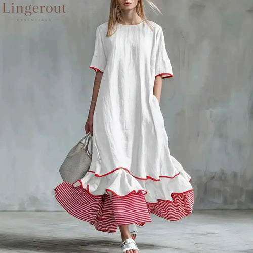 Linen Piping Stripe Ruffle Hem Loose Maxi Dress - White / S