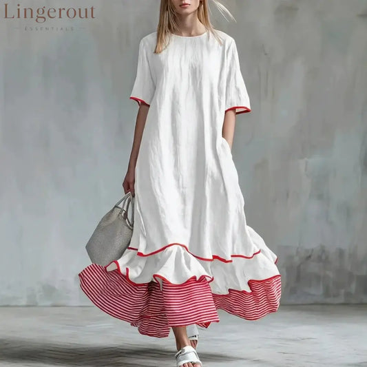 Linen Piping Stripe Ruffle Hem Loose Maxi Dress - White / S