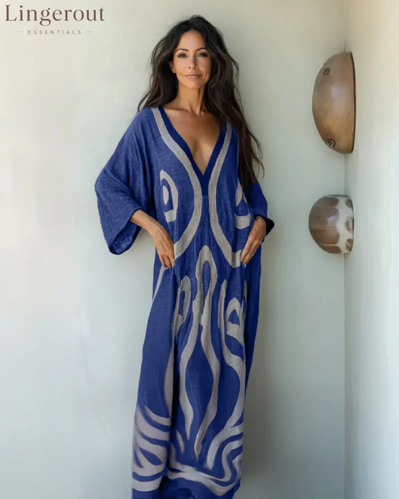 Linen Printed Kaftan Maxi Dress - Blue / S