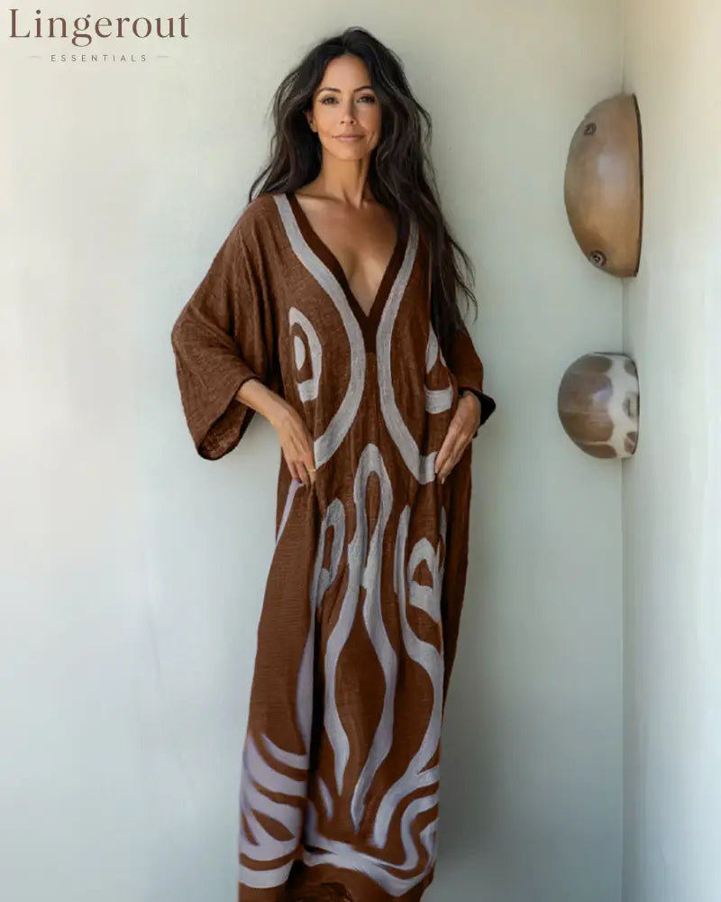 Linen Printed Kaftan Maxi Dress - Coffee / S