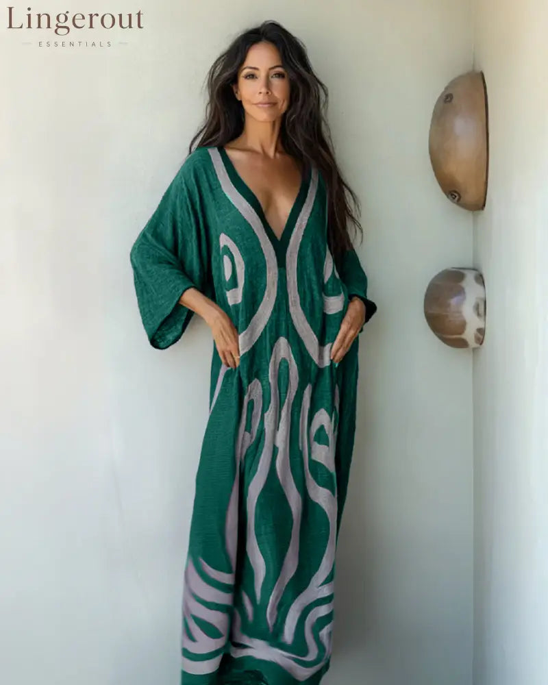 Linen Printed Kaftan Maxi Dress - Green / S