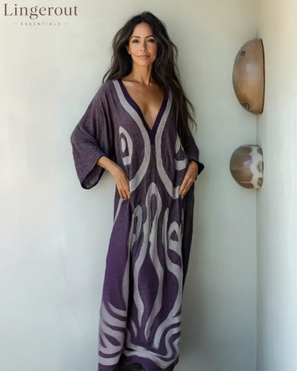 Linen Printed Kaftan Maxi Dress - Purple / S