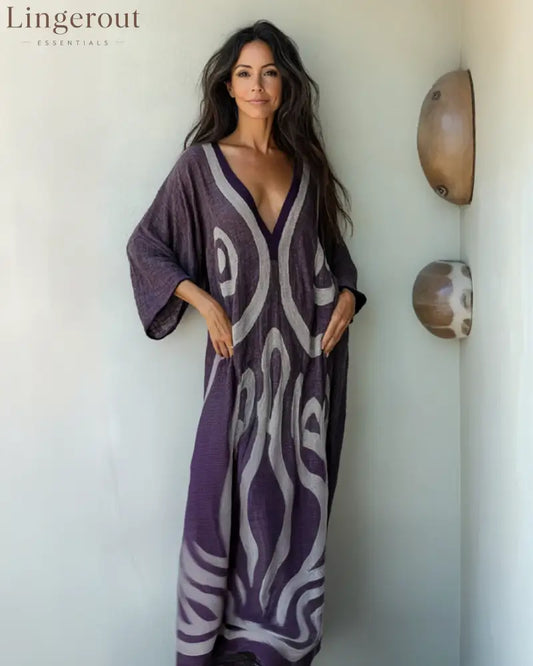 Linen Printed Kaftan Maxi Dress - Purple / S