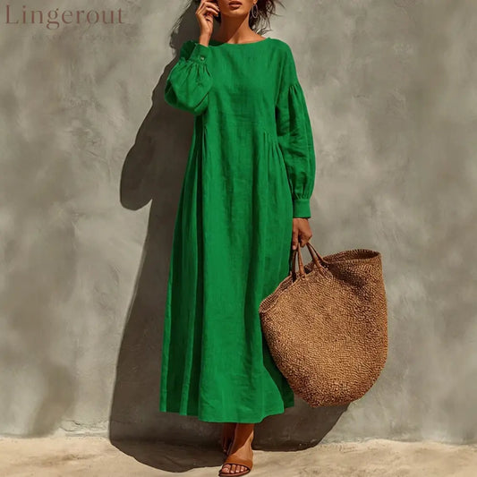Linen Round Neck Balloon Sleeve Side Gather Midi Tent Dress