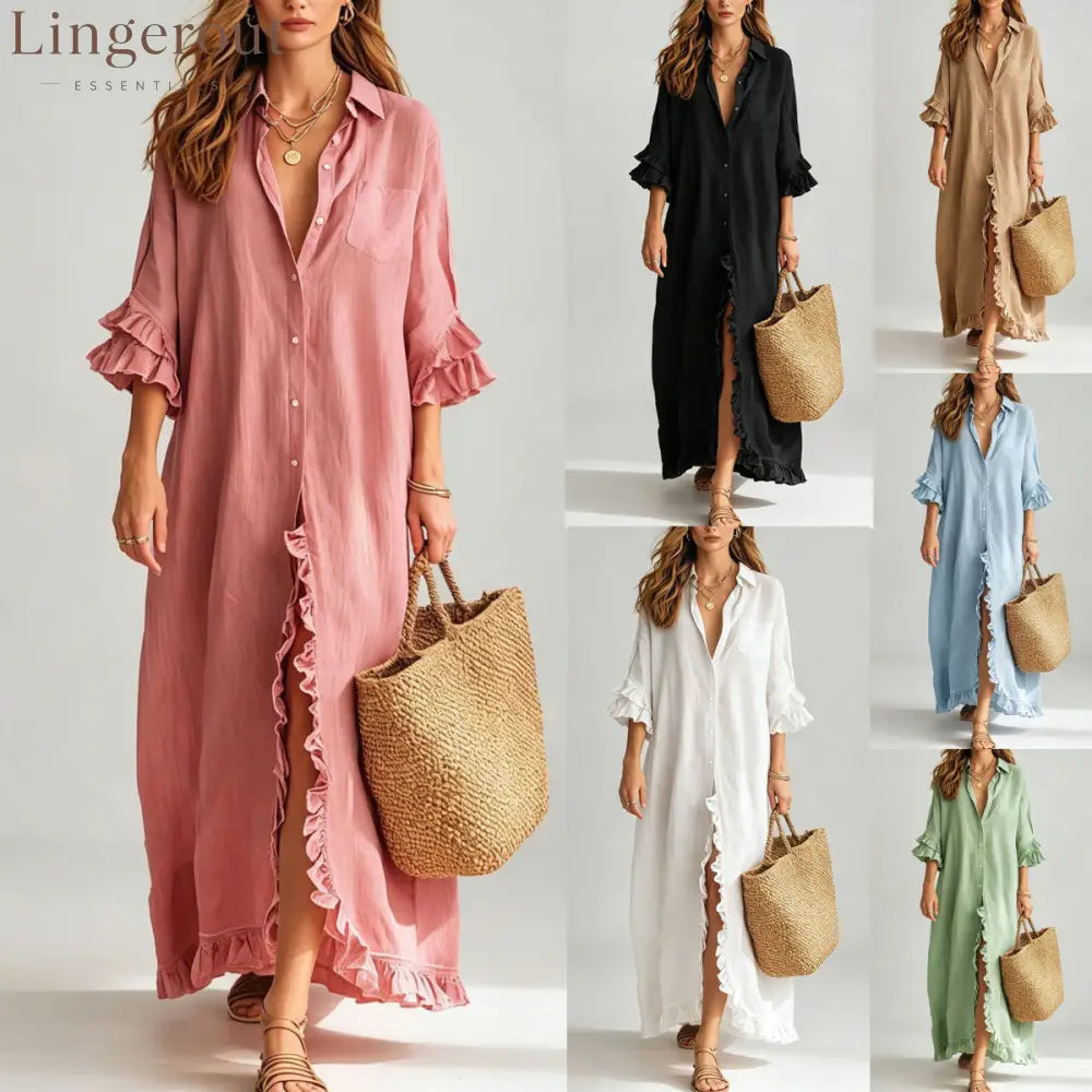 Linen Ruffle Trim 3/4 Sleeve Shirt Maxi Dress