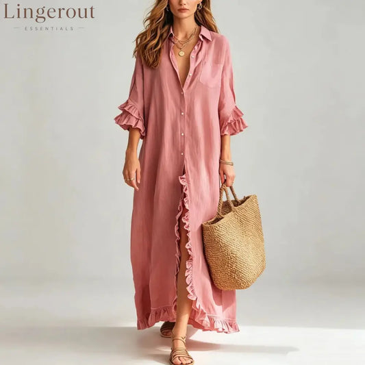 Linen Ruffle Trim 3/4 Sleeve Shirt Maxi Dress