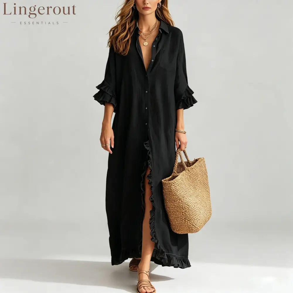 Linen Ruffle Trim 3/4 Sleeve Shirt Maxi Dress - Black / S