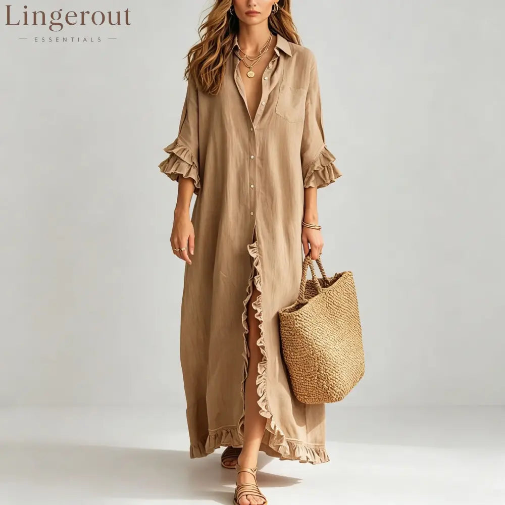 Linen Ruffle Trim 3/4 Sleeve Shirt Maxi Dress - Khaki / S