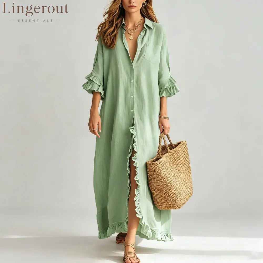 Linen Ruffle Trim 3/4 Sleeve Shirt Maxi Dress - Light green / S