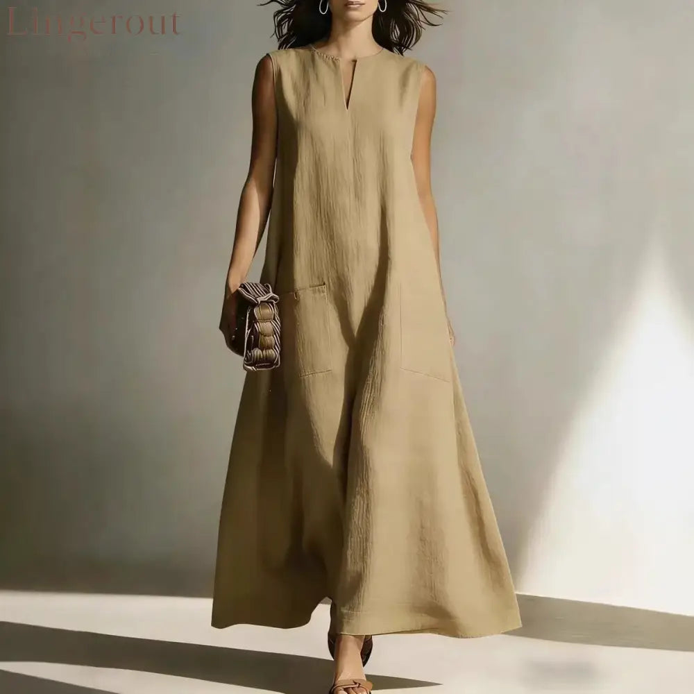 Linen Sleeveless Split Neck Pocket Tent Maxi Dress