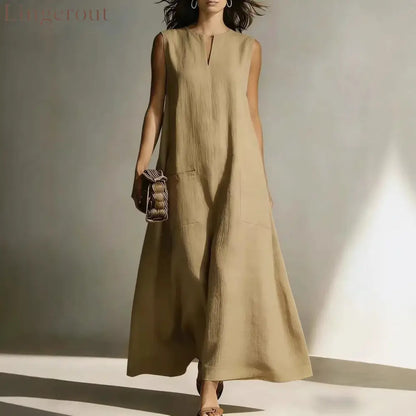 Linen Sleeveless Split Neck Pocket Tent Maxi Dress