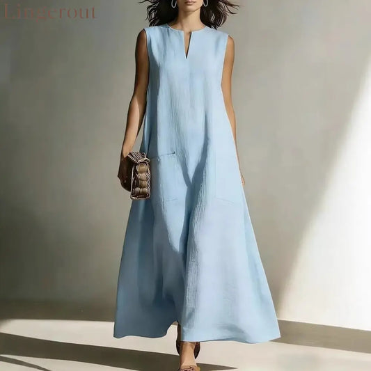 Linen Sleeveless Split Neck Pocket Tent Maxi Dress