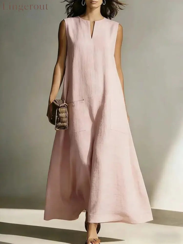 Linen Sleeveless Split Neck Pocket Tent Maxi Dress - Pink / S