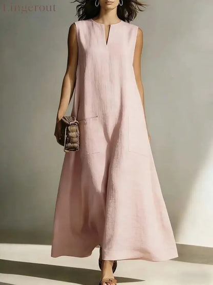 Linen Sleeveless Split Neck Pocket Tent Maxi Dress - Pink / S