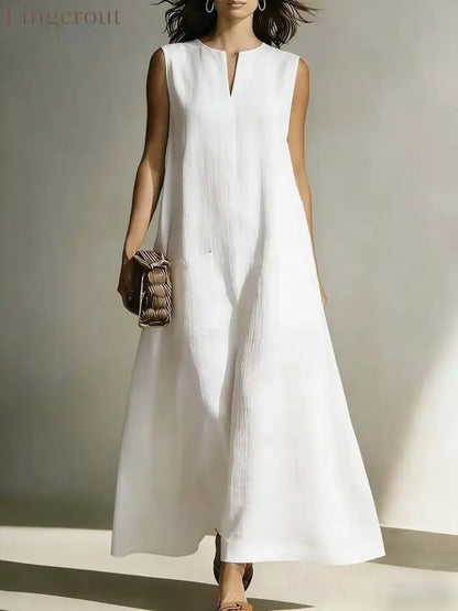 Linen Sleeveless Split Neck Pocket Tent Maxi Dress - White / S
