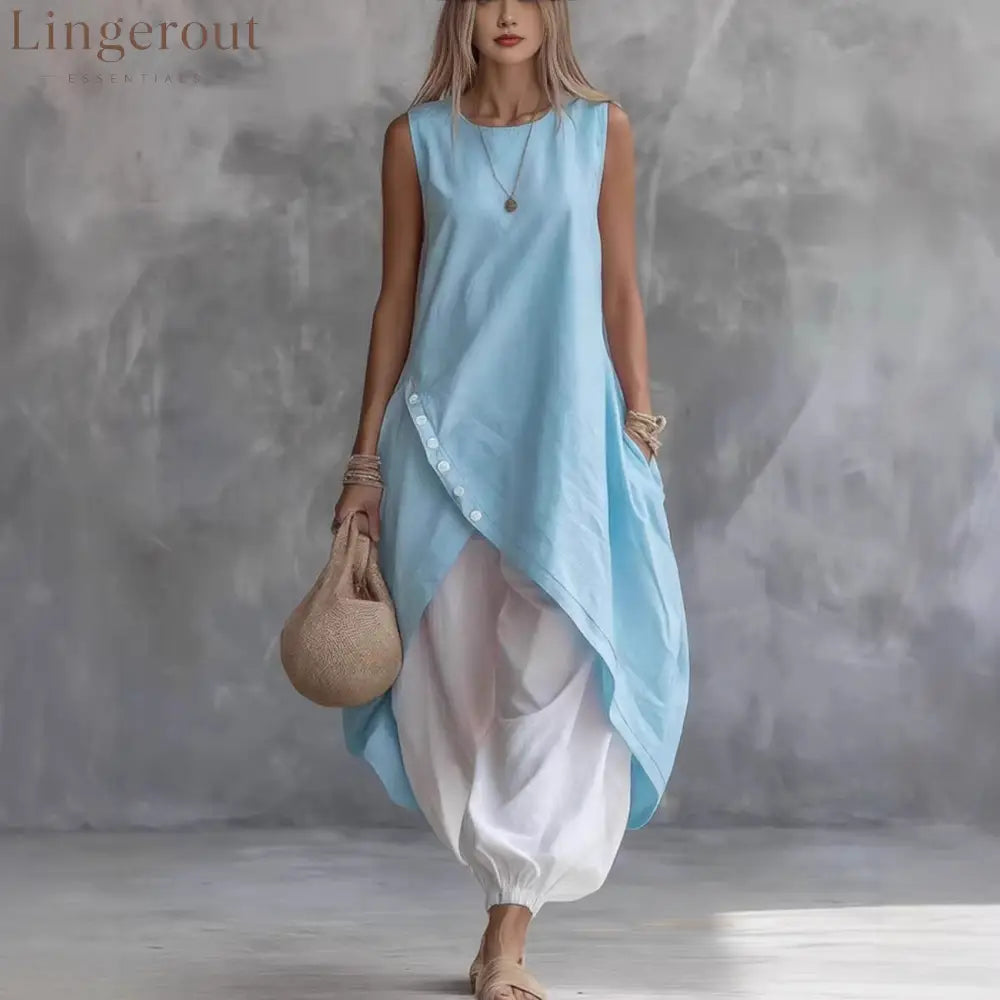 2026 New Aliexpress Amazon Solid Color Sleeveless Loose Pocket Midi Skirt Suit Solid Color Suit