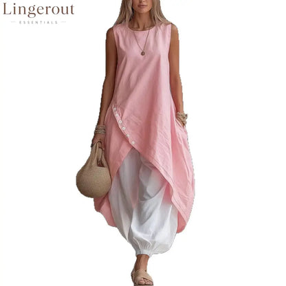 2026 New Aliexpress Amazon Solid Color Sleeveless Loose Pocket Midi Skirt Suit Solid Color Suit