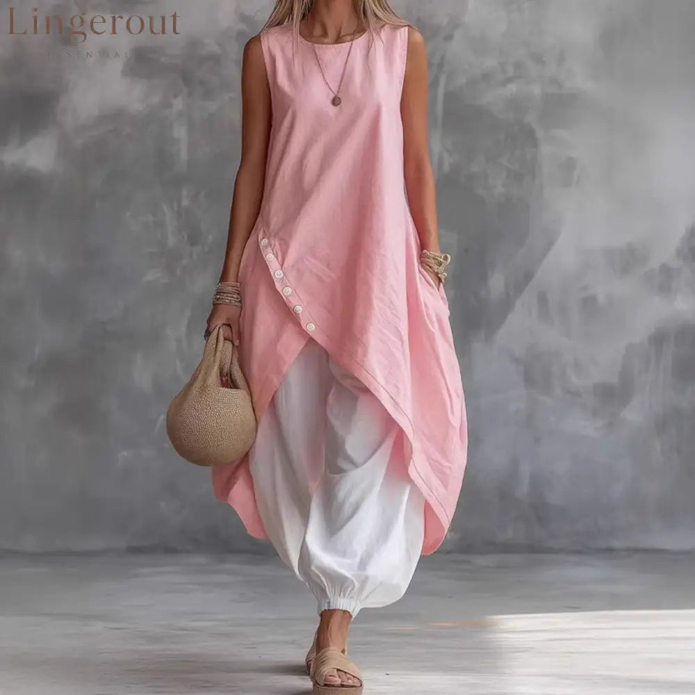 2026 New Aliexpress Amazon Solid Color Sleeveless Loose Pocket Midi Skirt Suit Solid Color Suit