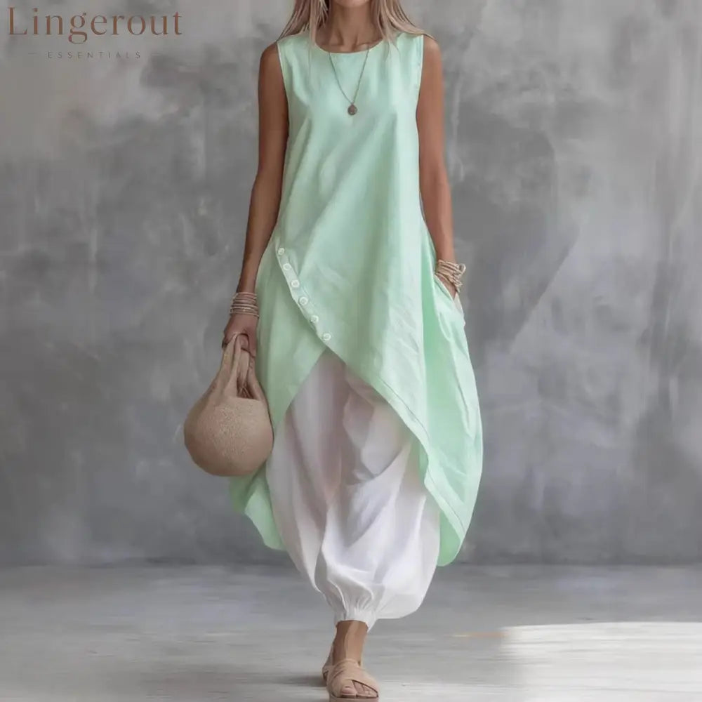 2026 New Aliexpress Amazon Solid Color Sleeveless Loose Pocket Midi Skirt Suit Solid Color Suit