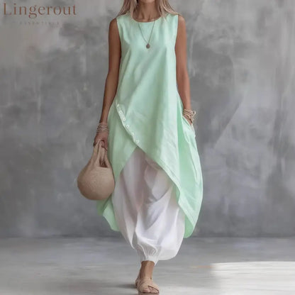 2026 New Aliexpress Amazon Solid Color Sleeveless Loose Pocket Midi Skirt Suit Solid Color Suit