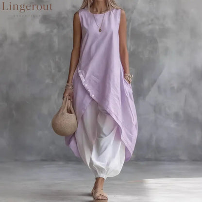 2026 New Aliexpress Amazon Solid Color Sleeveless Loose Pocket Midi Skirt Suit Solid Color Suit