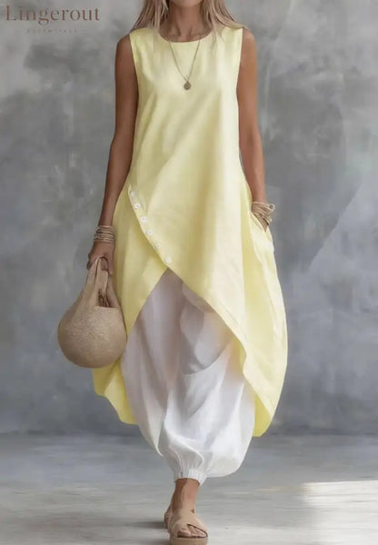 2026 New Aliexpress Amazon Solid Color Sleeveless Loose Pocket Midi Skirt Suit Solid Color Suit - Lemon yellow / XS