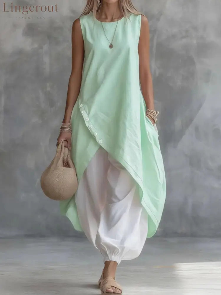 2026 New Aliexpress Amazon Solid Color Sleeveless Loose Pocket Midi Skirt Suit Solid Color Suit - Light green / XS