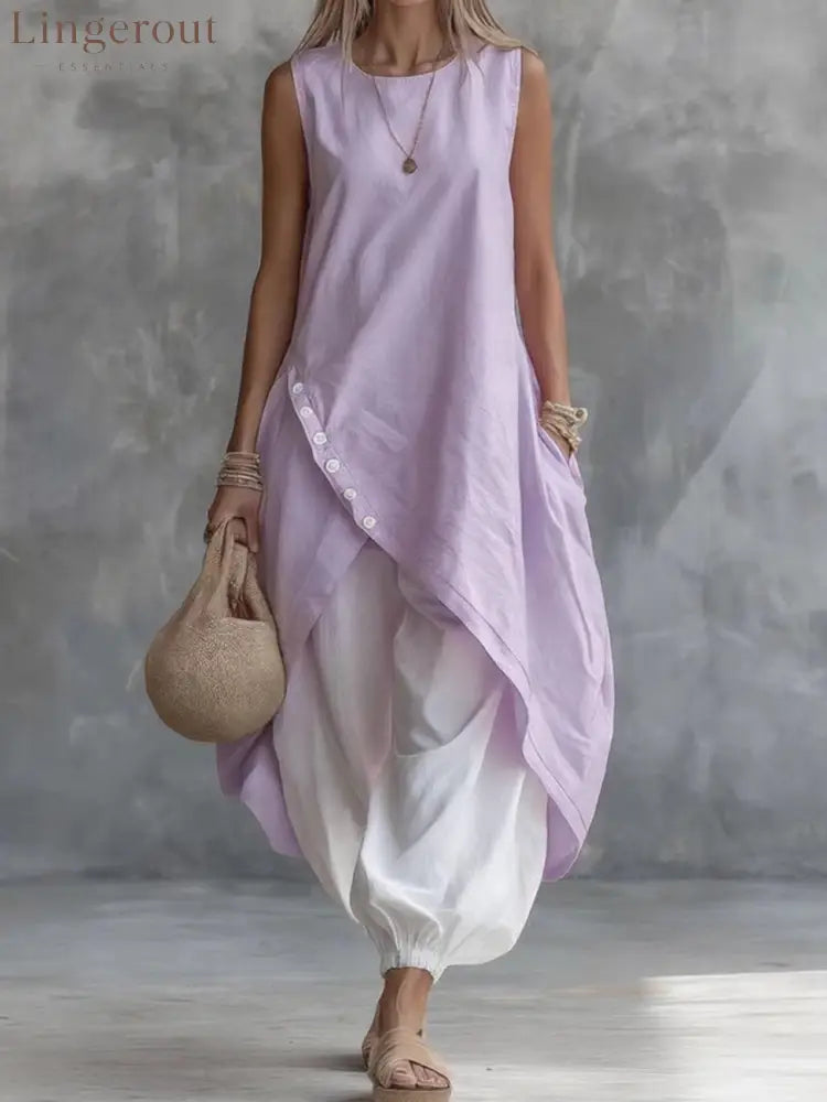 2026 New Aliexpress Amazon Solid Color Sleeveless Loose Pocket Midi Skirt Suit Solid Color Suit - Light purple / XS
