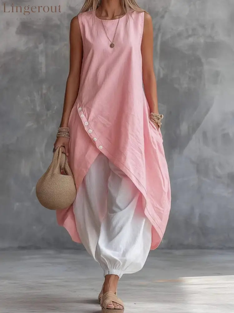 2026 New Aliexpress Amazon Solid Color Sleeveless Loose Pocket Midi Skirt Suit Solid Color Suit - Pink / L