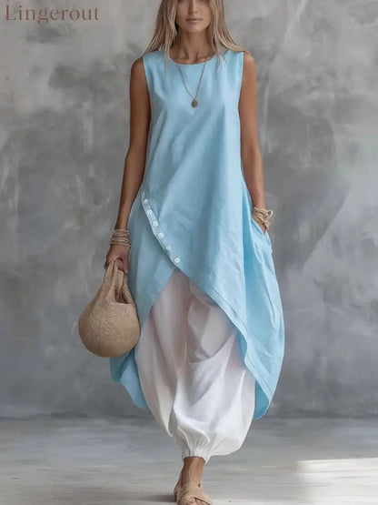2026 New Aliexpress Amazon Solid Color Sleeveless Loose Pocket Midi Skirt Suit Solid Color Suit - Sky blue / XS