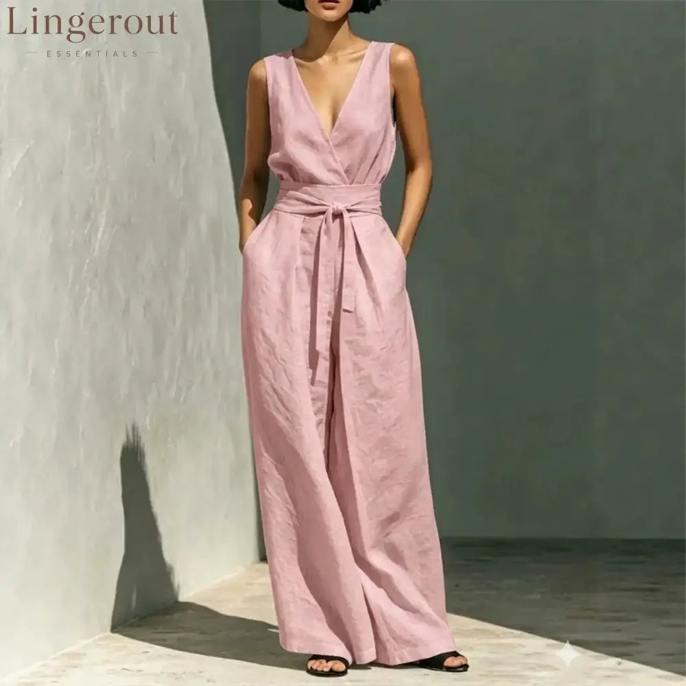 Linen Sleeveless Wrap V Neck Self Tie Belt Wide Leg Jumpsuit