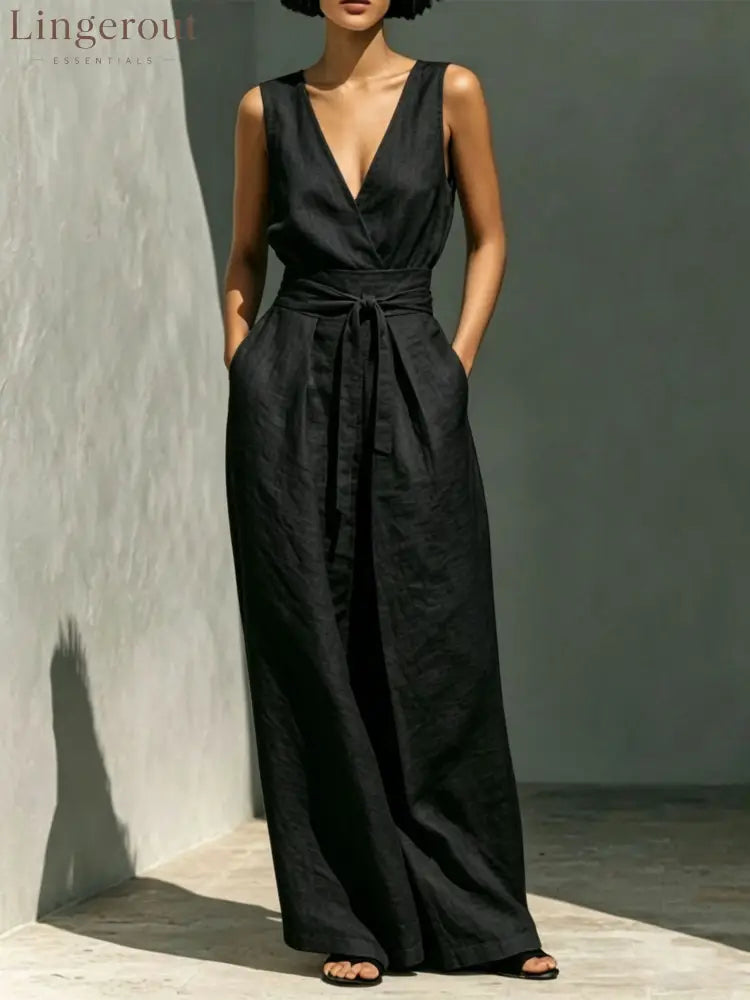 Linen Sleeveless Wrap V Neck Self Tie Belt Wide Leg Jumpsuit - Black / S