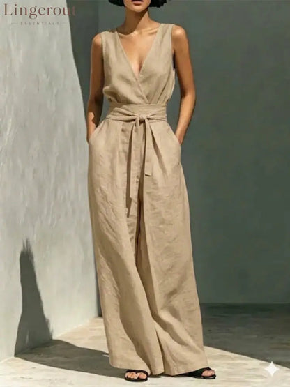 Linen Sleeveless Wrap V Neck Self Tie Belt Wide Leg Jumpsuit - Khaki / S