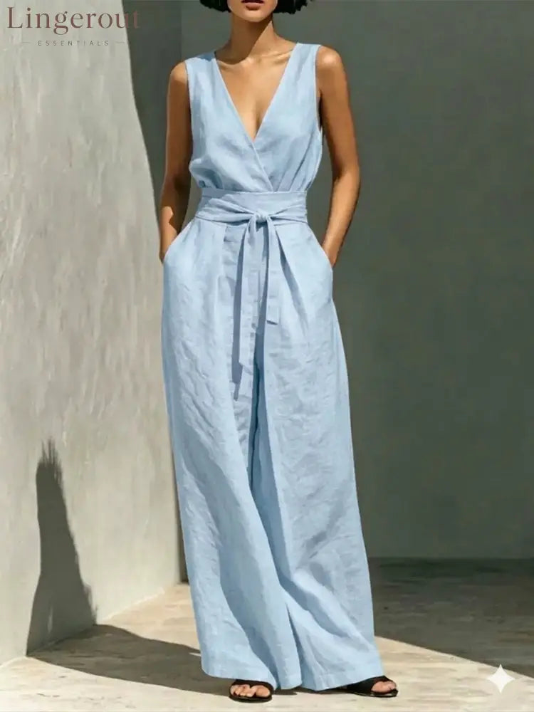 Linen Sleeveless Wrap V Neck Self Tie Belt Wide Leg Jumpsuit - Light blue / S