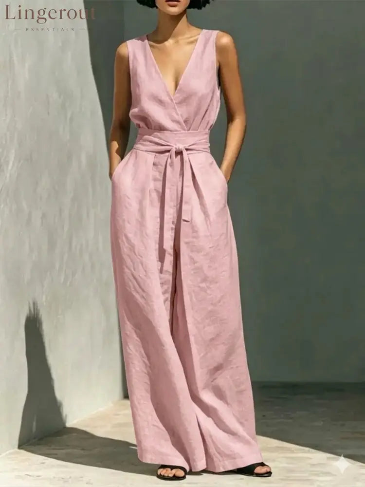 Linen Sleeveless Wrap V Neck Self Tie Belt Wide Leg Jumpsuit - Pink / S