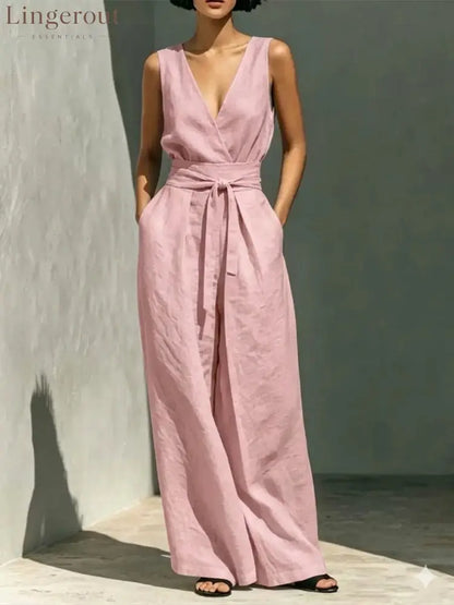 Linen Sleeveless Wrap V Neck Self Tie Belt Wide Leg Jumpsuit - Pink / S
