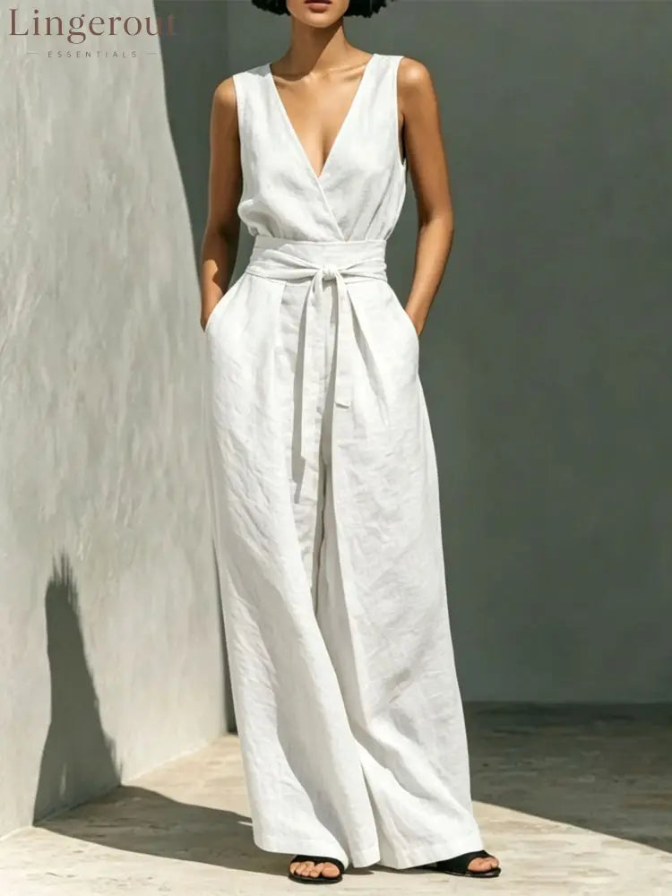 Linen Sleeveless Wrap V Neck Self Tie Belt Wide Leg Jumpsuit - White / S