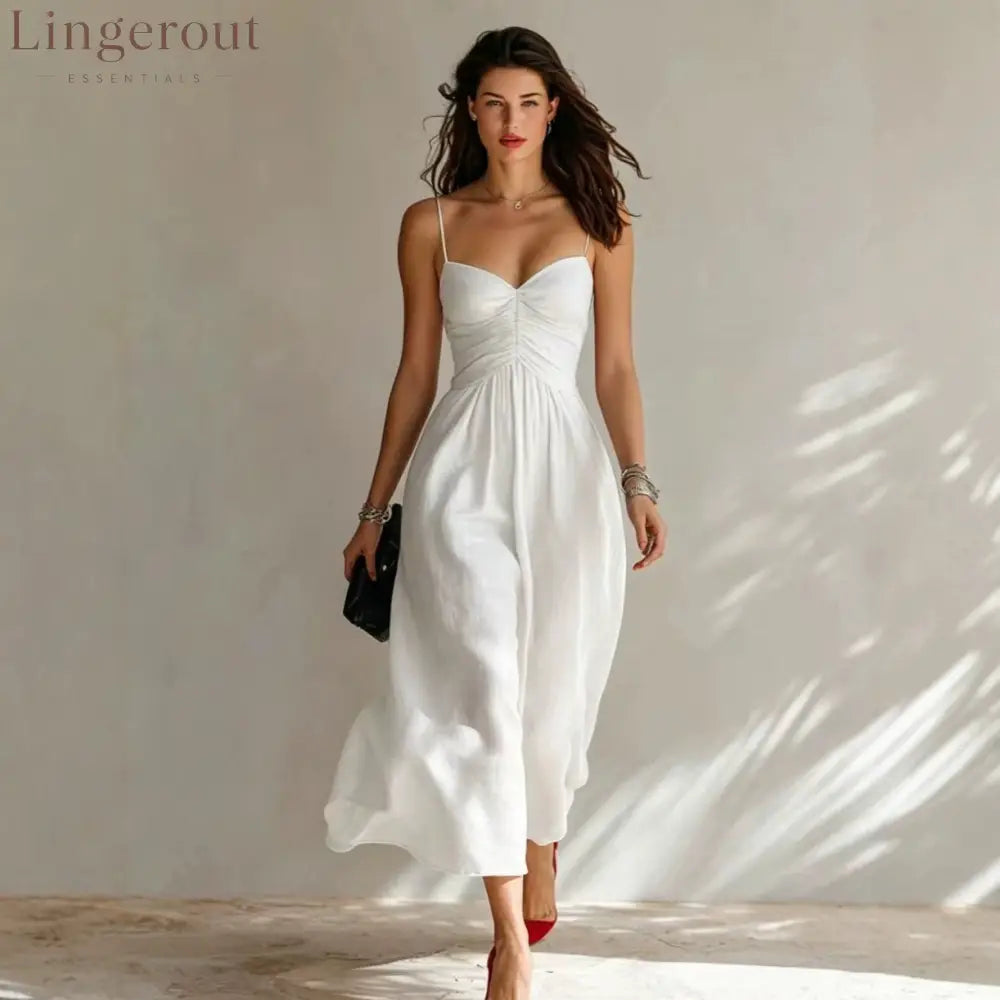 Linen Spaghetti Strap Sweetheart Ruched Bust Flowy Midi Dress