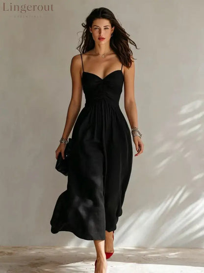 Linen Spaghetti Strap Sweetheart Ruched Bust Flowy Midi Dress - Black / S