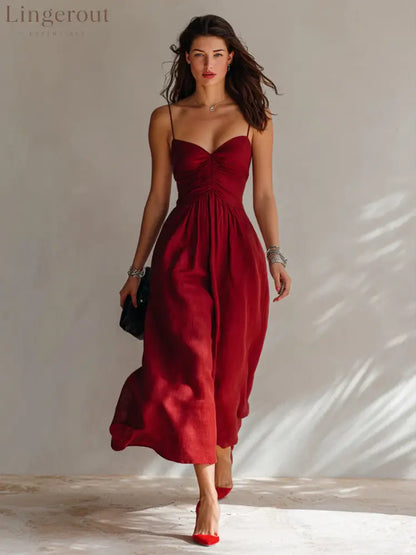 Linen Spaghetti Strap Sweetheart Ruched Bust Flowy Midi Dress - Deep red / S