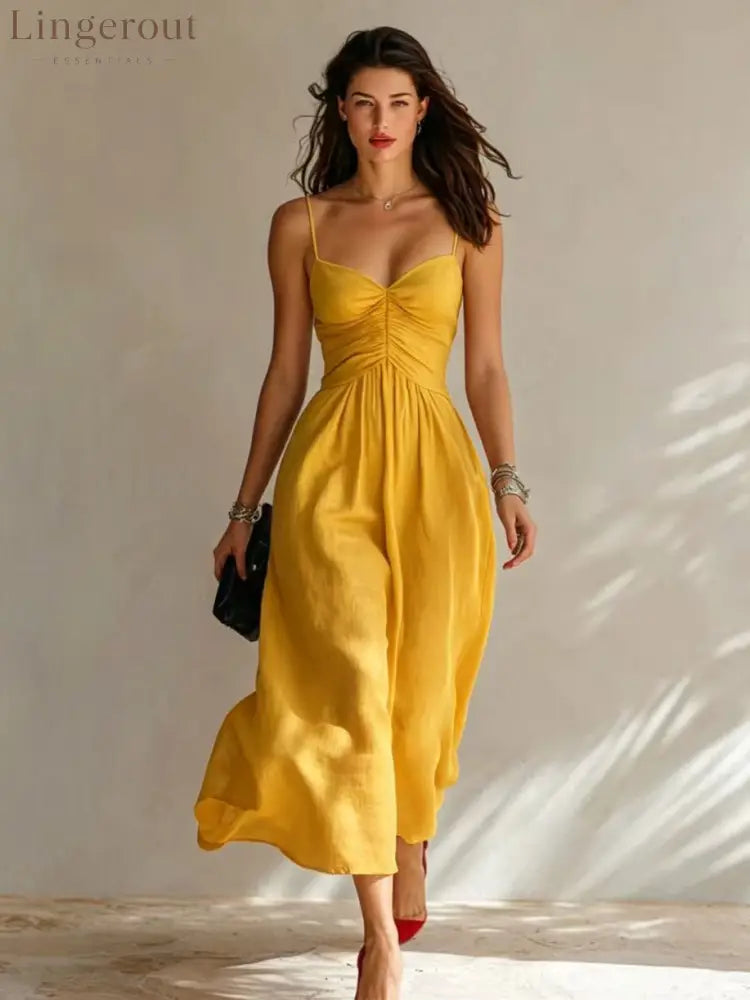 Linen Spaghetti Strap Sweetheart Ruched Bust Flowy Midi Dress - Earthy yellow / S