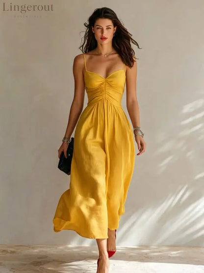 Linen Spaghetti Strap Sweetheart Ruched Bust Flowy Midi Dress - Earthy yellow / S