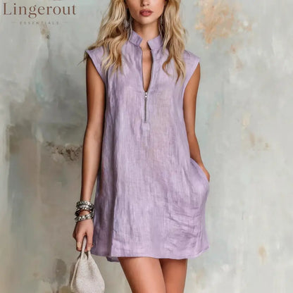 Linen Stand Collar Half Zip Sleeveless Pocket Mini Shift Dress