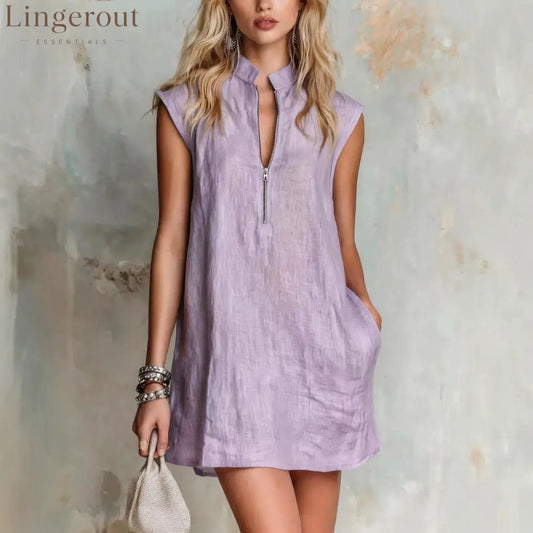 Linen Stand Collar Half Zip Sleeveless Pocket Mini Shift Dress