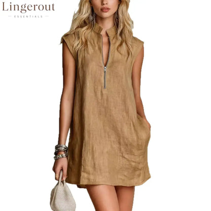 Linen Stand Collar Half Zip Sleeveless Pocket Mini Shift Dress