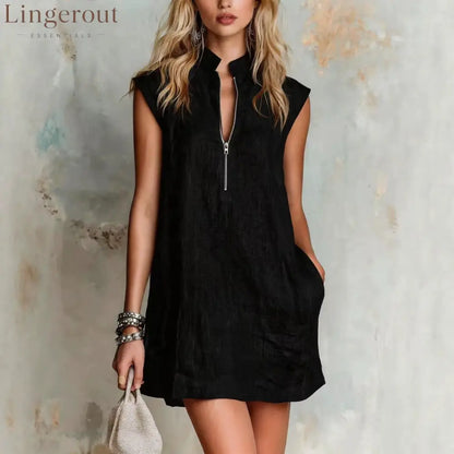 Linen Stand Collar Half Zip Sleeveless Pocket Mini Shift Dress