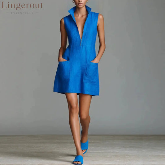 Linen Stand Collar Half Zip Sleeveless Pocket Mini Shift Dress