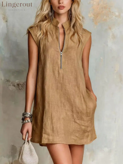 Linen Stand Collar Half Zip Sleeveless Pocket Mini Shift Dress - Khaki / S