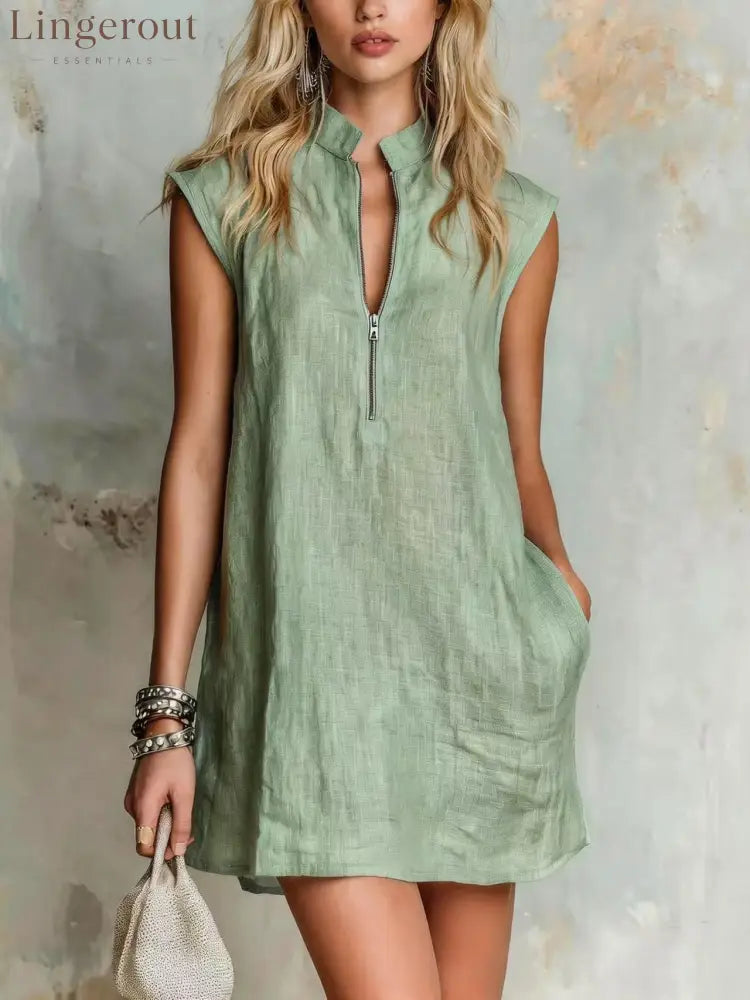 Linen Stand Collar Half Zip Sleeveless Pocket Mini Shift Dress - Light green / S