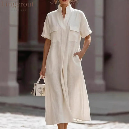 Linen Stand Collar Midi Shirt Dress